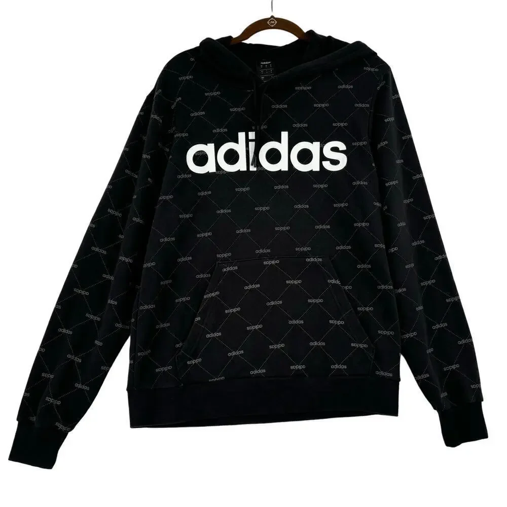 Adidas Hooded Sweatshirt‎ Men's M Black White Allover Spellout Print Hoodie